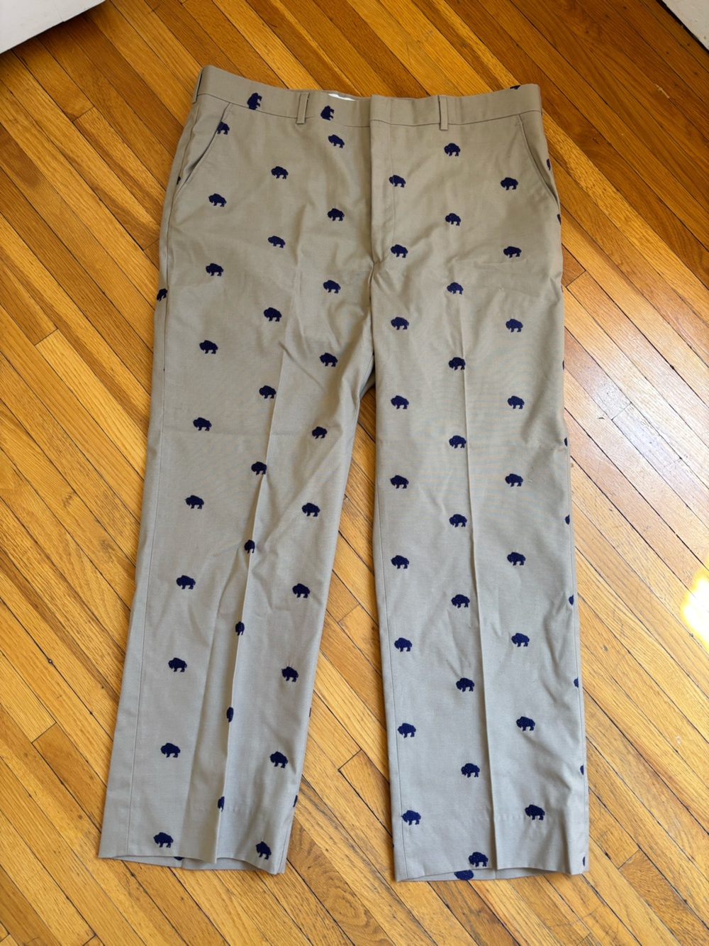 Vintage Men's khaki Chinos with Navy Embroidered Buffalos Motif